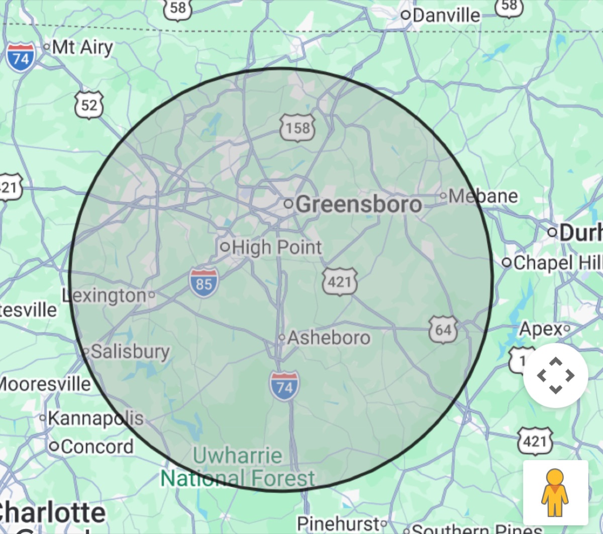 Solis Mobile Tire service area map for counties surrounding Greensboro, North Carolina